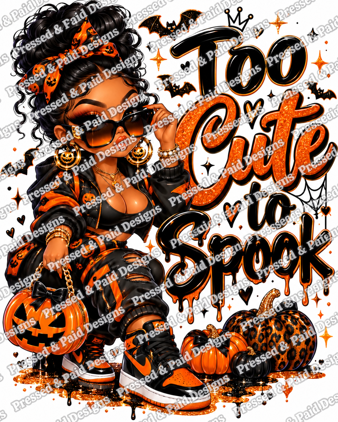 Too Cute to Spook artwork featuring a glamorous Black fashion doll in black and orange with a pumpkin purse