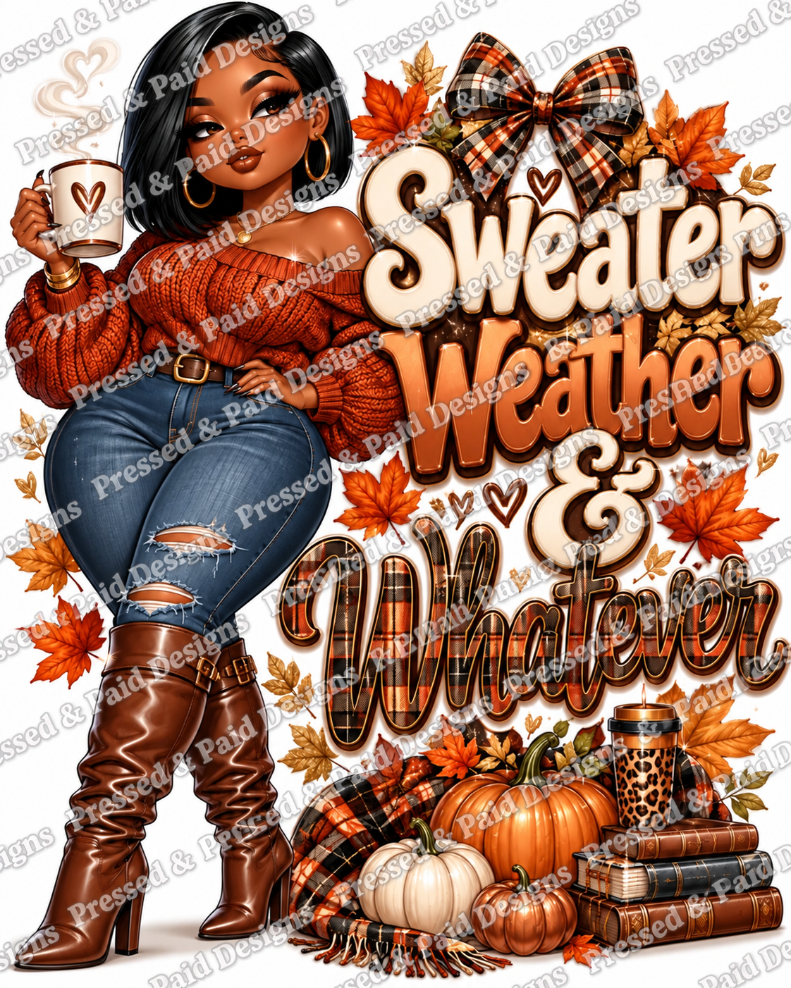 Sweater Weather and Whatever artwork with a curvy Black fashion doll in a rust sweater and jeans holding a mug